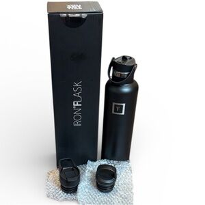 Iron Flask 24oz Stainless Steel Water Bottle Black Narrow Mouth Extra Lids NEW